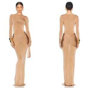 Helsa Josephine Long Sleeve Ruched Draped Slinky Jersey Truffle Maxi NWT XS